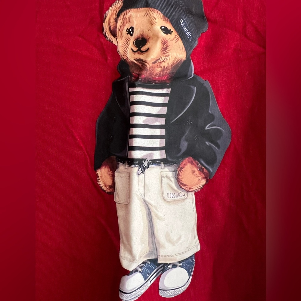 New Polo by Ralph Lauren Kids Maroon Teddy Bear Graphic Tee Shirt Size 12 -14 LG - Picture 2 of 6